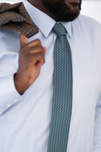 Load image into Gallery viewer, silk men's tie Scissortail Oklahoma microprint design in green with light blue birds
