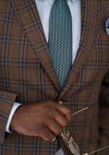 Load image into Gallery viewer, silk men's tie Scissortail Oklahoma microprint design in green with light blue birds