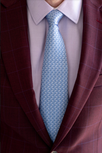 Load image into Gallery viewer, silk men's tie Scissortail Oklahoma microprint design in light blue with white birds