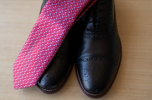 Load image into Gallery viewer, silk men's tie Scissortail Oklahoma microprint design in red with light blue birds