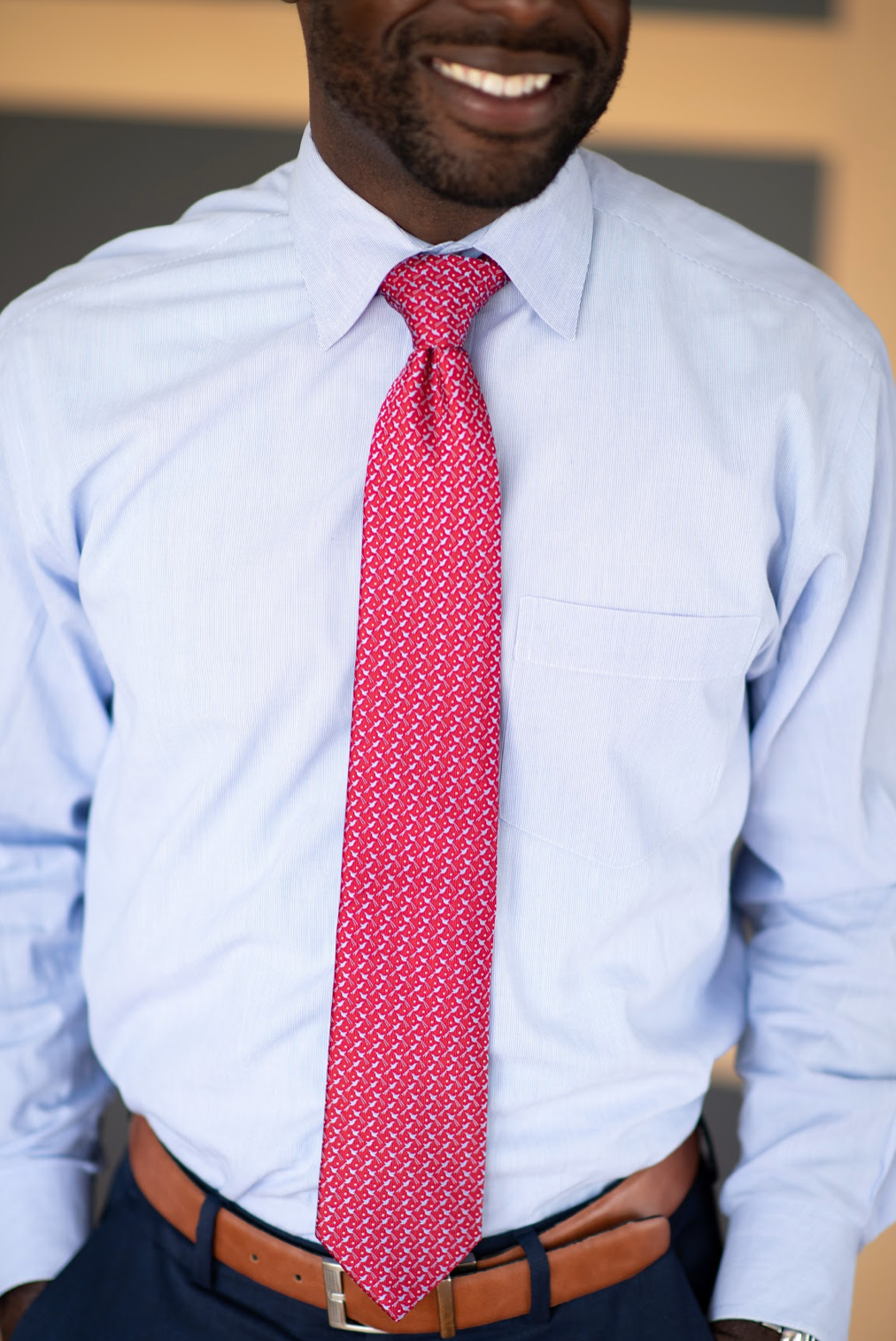 silk men's tie  Scissortail Oklahoma microprint design in red with light blue birds 
